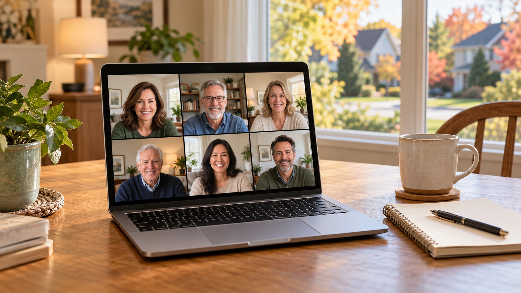 A laptop showing neighbors gathered for a virtual homeowners association meeting.